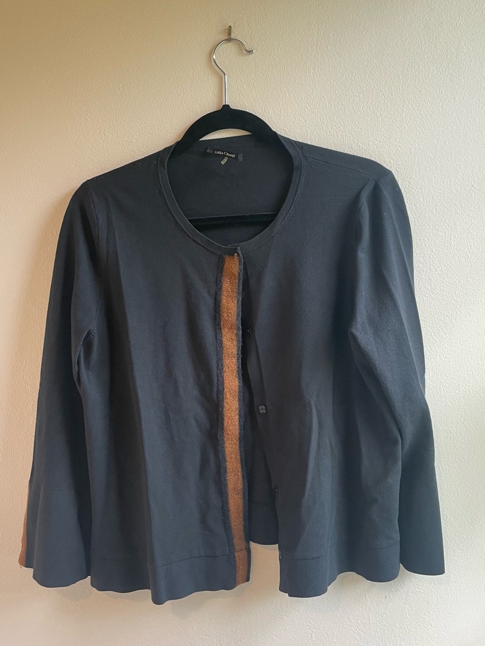 Luisa Cerano Black Knit Cardigan Felted Rust Stripe Snap Front Flared Cuffs